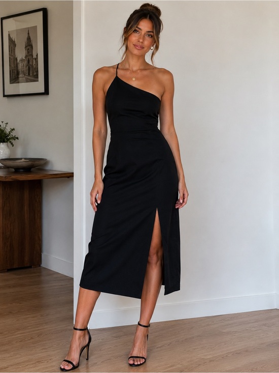 Petal & Pup Dresses & Skirts - Petal & Pup One-Shoulder Black Midi Dress with Side Slit Size- 8 cm